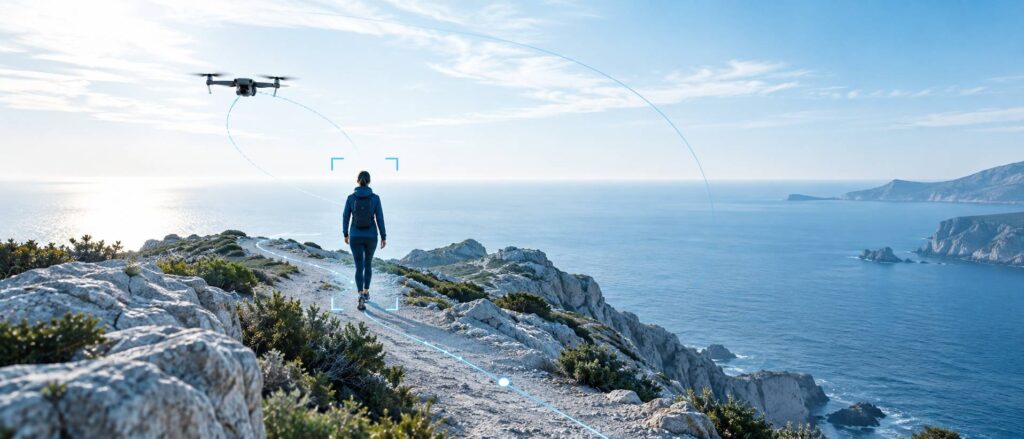Illustration éditoriale du sujet : Découvrez le drone suiveur : comment il vous accompagne en toute autonomie