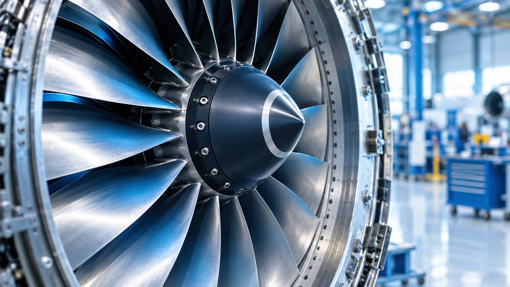 Détail des aubes de soufflante d'un turboréacteur civil en atelier aéronautique