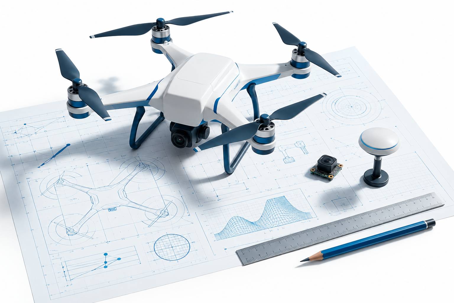 Détail d'une maquette de drone sur un schéma d'analyse technique