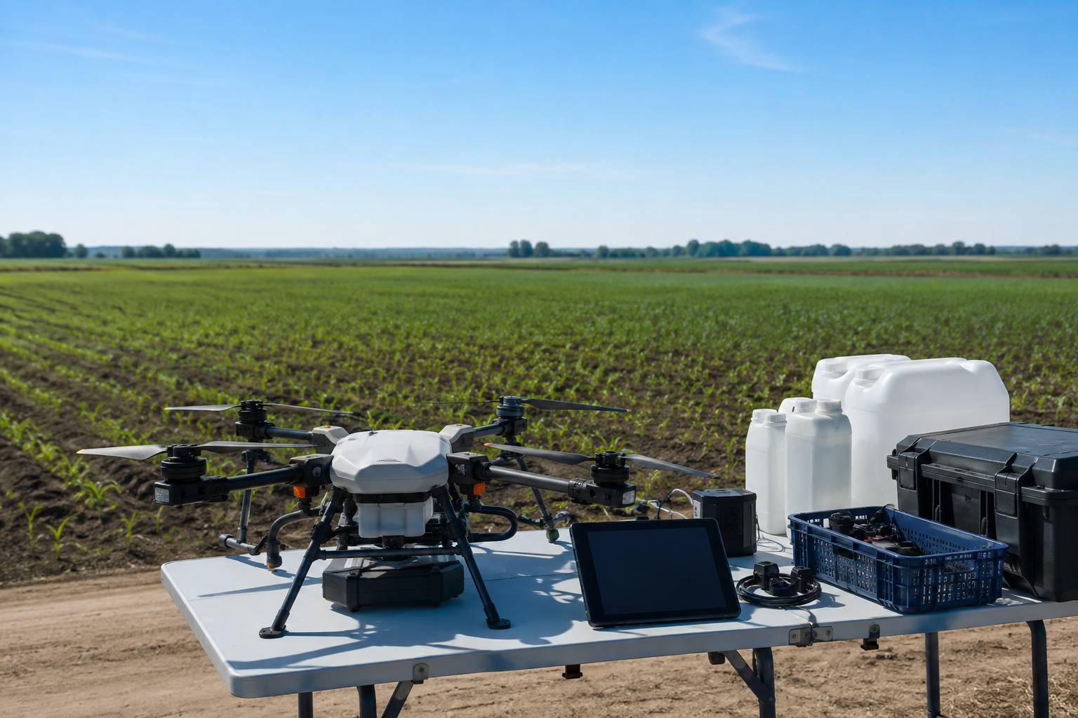 Drone agricole posé près d'un poste de contrôle avec tablette et bidons neutres en bord de champ