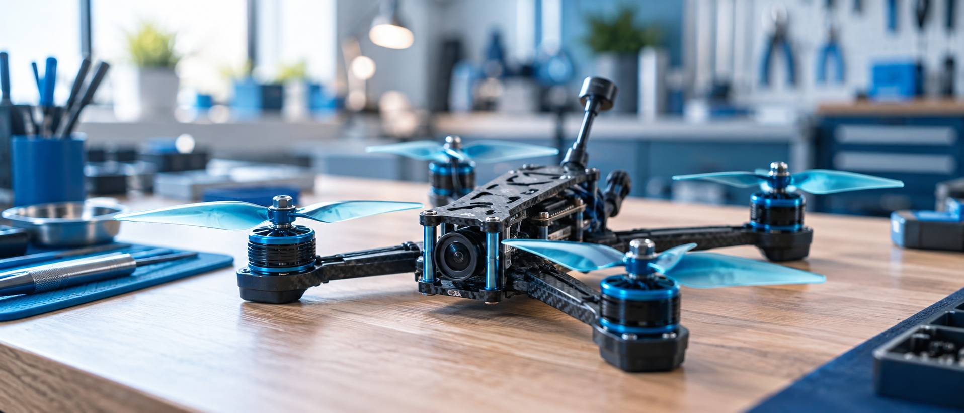 Drone de course au repos vu de trois quarts sur un etabli