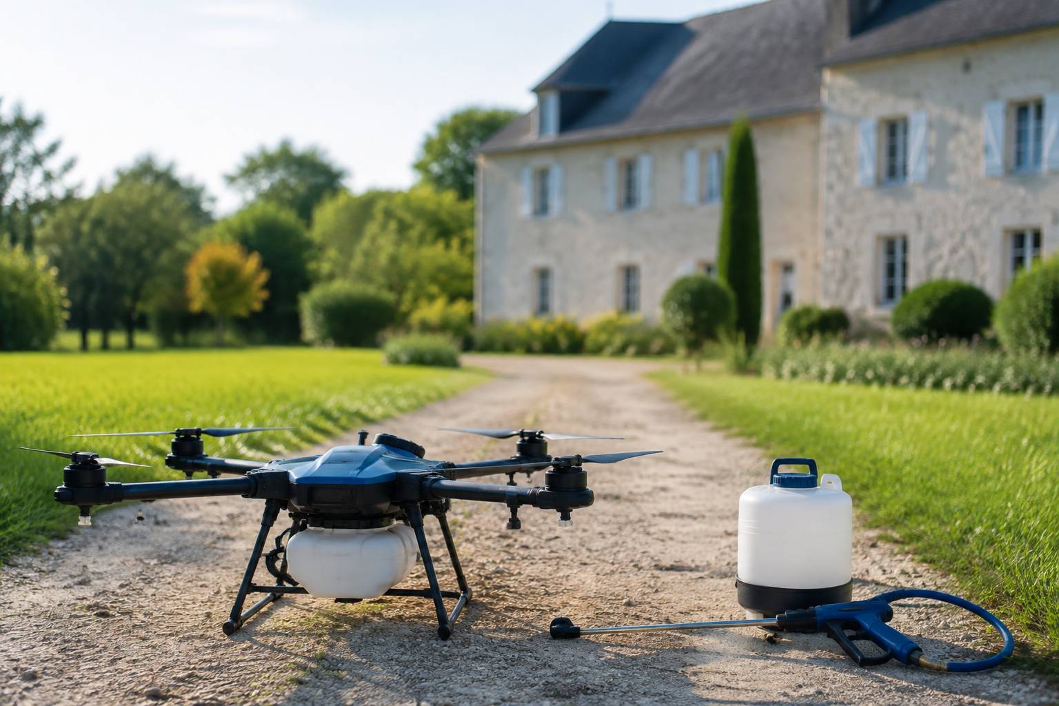 Drone posé au sol près d'une cuve de pulvérisation et d'une buse, matériel de nettoyage