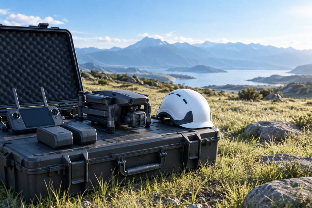 Drone professionnel generique avec camera thermique pose sur un coffre de terrain