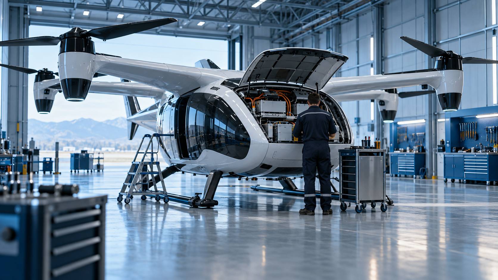 Maintenance d'un eVTOL en hangar avec capot ouvert laissant voir les batteries