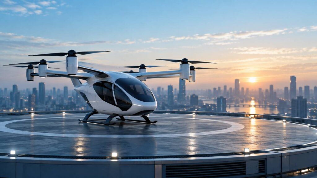 Aéronef eVTOL blanc aux rotors multiples sur un vertiport au lever du soleil