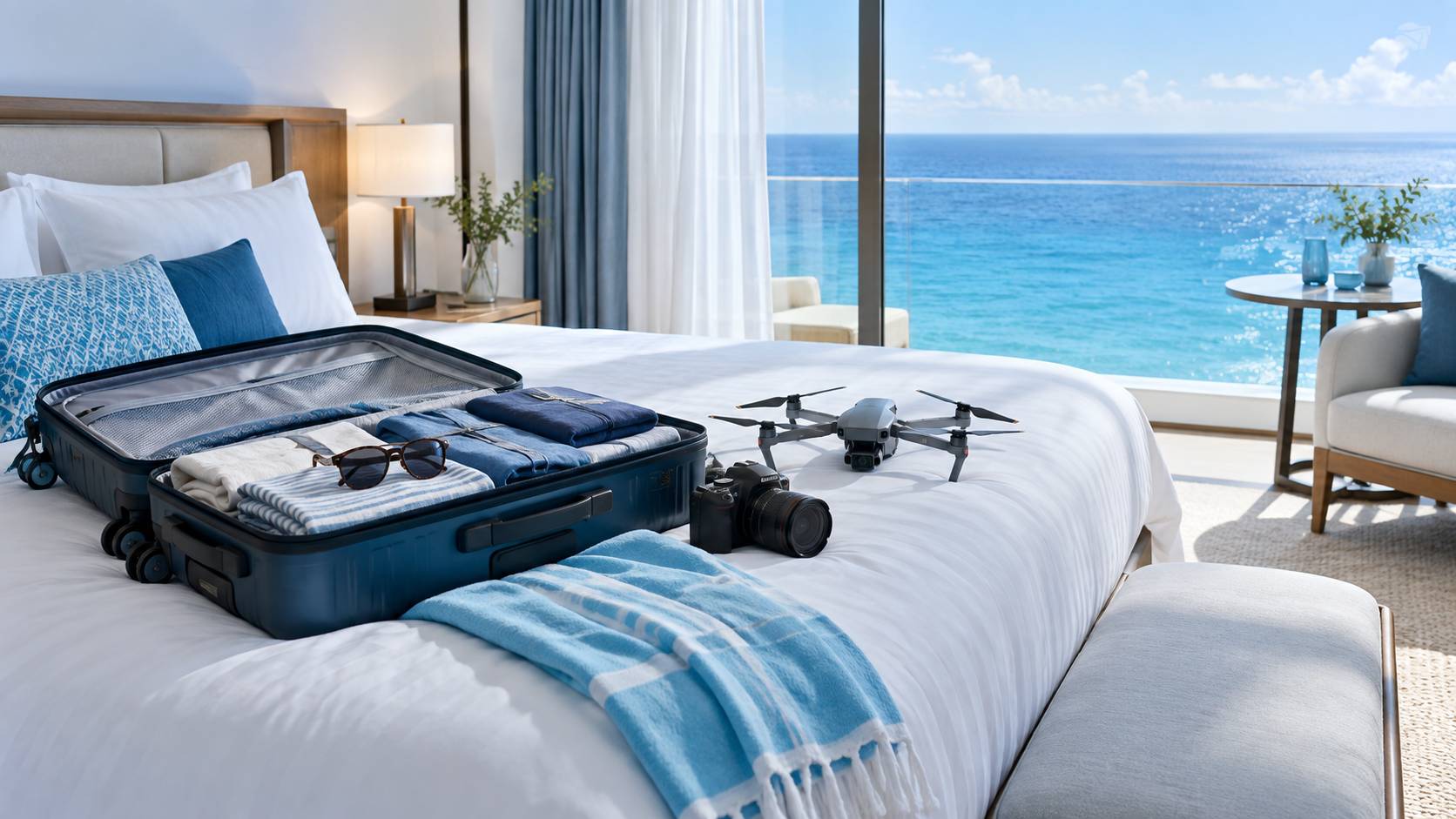 Avion de ligne anonyme survolant un archipel tropical au coucher du soleil