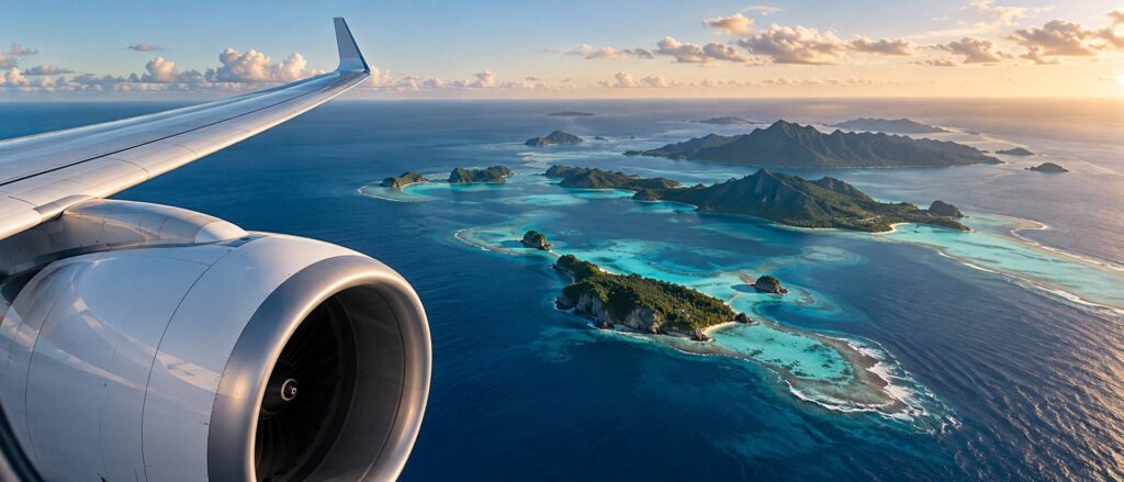 Avion de ligne anonyme survolant un archipel tropical au coucher du soleil