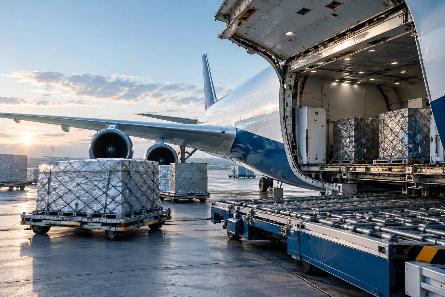 Gros plan sur la porte cargo ouverte d'un avion avec rails de chargement