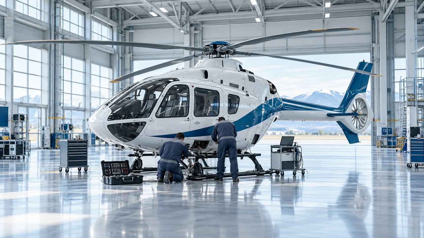 Vue large d'un hangar de maintenance aéronautique clair avec un hélicoptère civil blanc et bleu au centre, deu