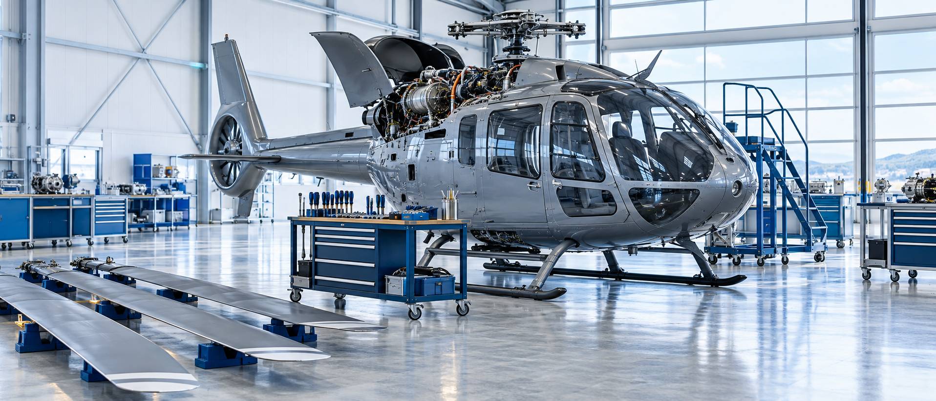 Hélicoptère en révision avec capot moteur ouvert dans un atelier