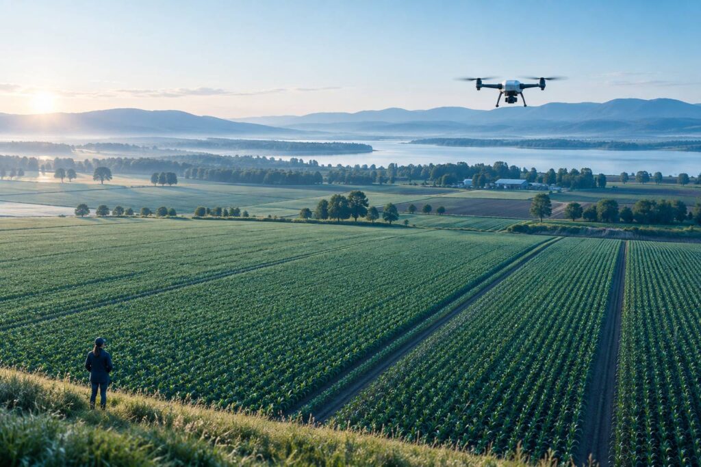 Illustration éditoriale du sujet : Les drones agricoles : comment optimisent-ils le travail dans les champs ?