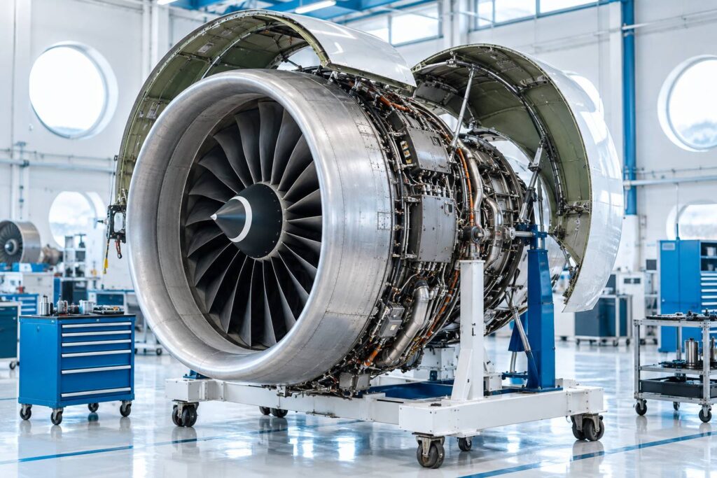 Turboréacteur civil générique sur un banc de maintenance aéronautique lumineux