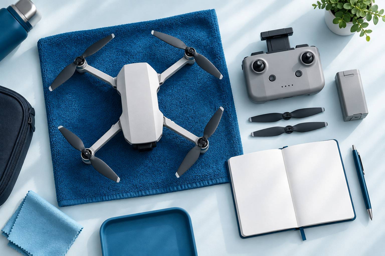 Drone vu de dessus avec hélices de rechange et batterie sur un tissu