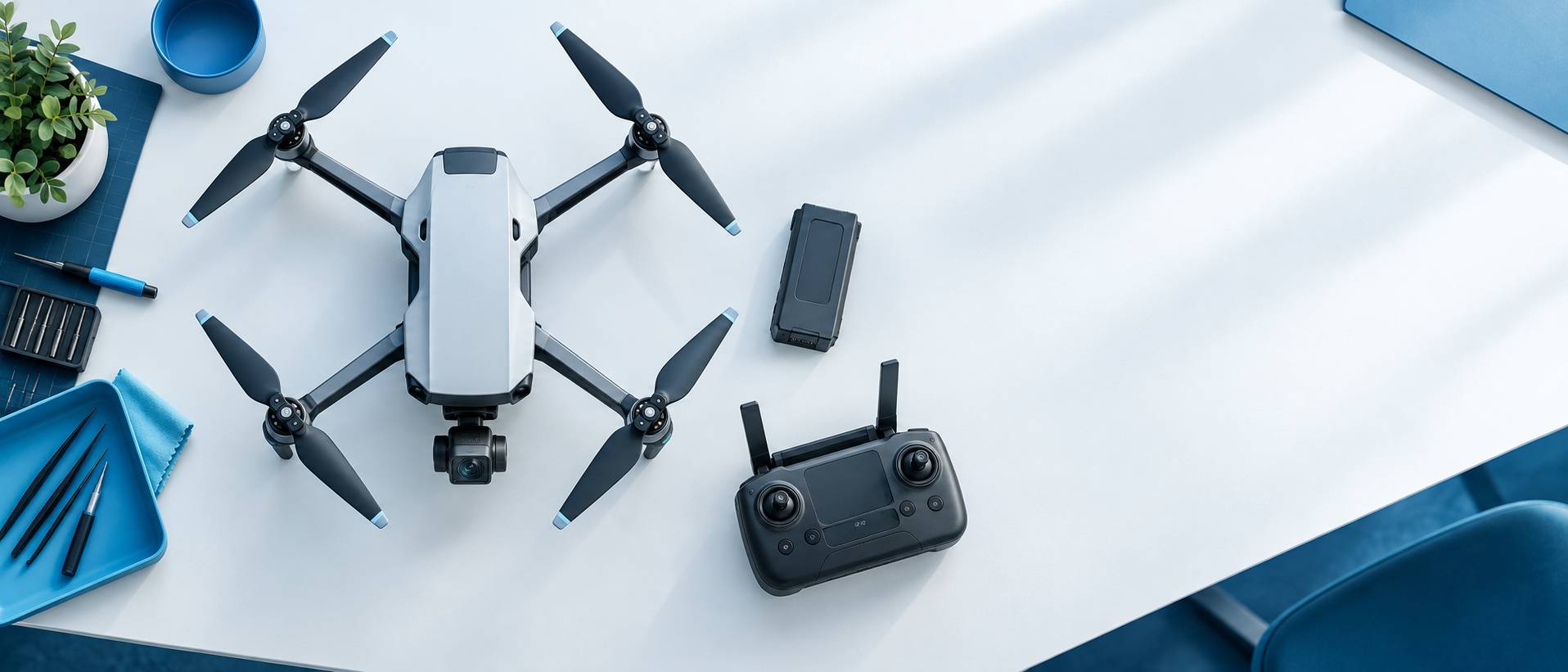 Drone pose sur un etabli avec nacelle, batterie et radiocommande