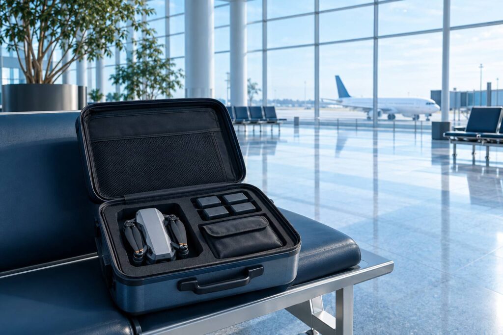 Valise ouverte avec drone plie et batteries rangees pour un voyage en avion