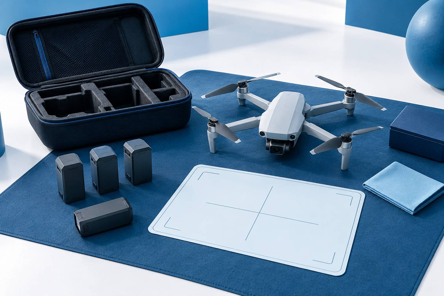 Drone generique deplie sur un tapis avec etui de transport et batteries